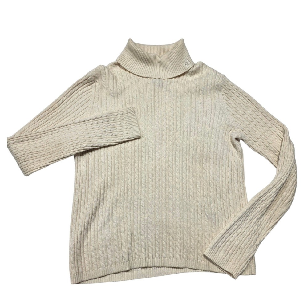 Lauren Ralph Lauren Turtleneck Women M Ivory Cable Knit Cotton Blend Sweater
